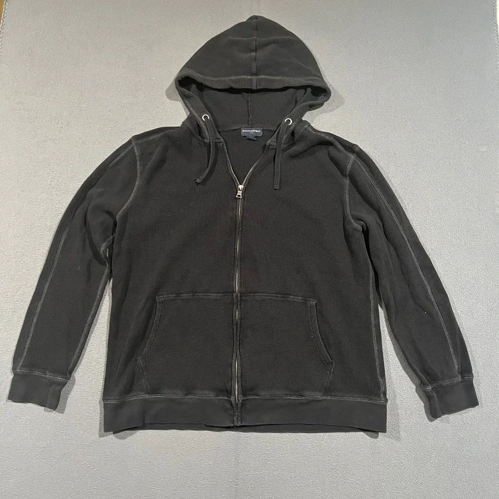 Banana Republic Waffle Knit Hoodie Mens XL Black Full Zip Cotton Thermal Sweater
